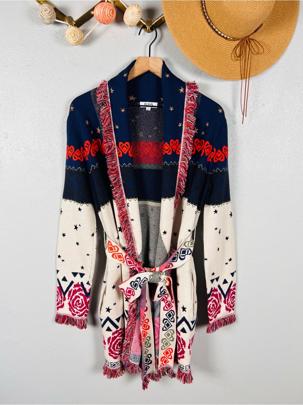 Revolve 525 America Jacquard Belted Wrap Cotton Cardigan Multi Color Size Small